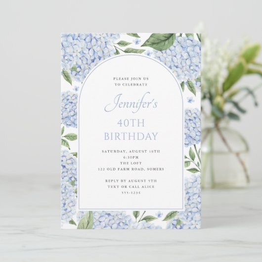 Invitation Arc de Fleur d'Hydrange Bleu Anniversaire (Debout devant)