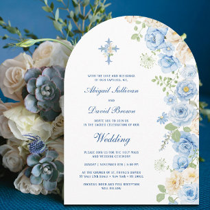Invitation Arc de fleurs bleues et ivoires Mariage religieux