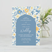 Invitation Arc de fleurs de chalet bleu et jaune roux printem (Debout devant)