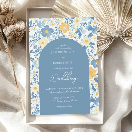 Invitation Arc de fleurs de chalet bleu et jaune roux printem