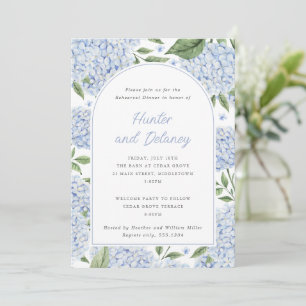 Invitation Arc de fleurs d'hydrangea bleue pour dîner de répé