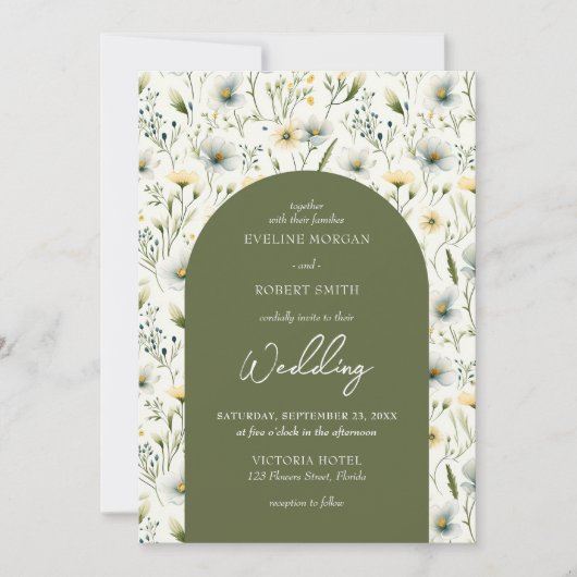 Invitation Arc de fleurs sauvages vertes et blanches (Devant)