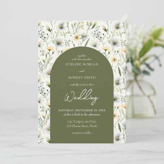 Invitation Arc de fleurs sauvages vertes et blanches (Debout devant)
