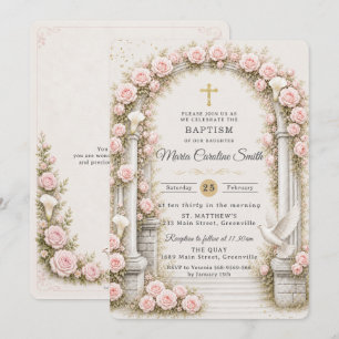Invitation Arc de jardin floral rose pâle Baptême Croix dorée