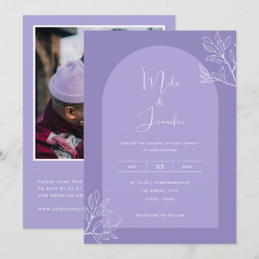 Invitation Arc de lilas, code QR botanique boho moderne (Devant / Derrière)