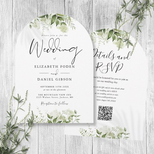 Invitation Arc de mariage à code QR floral de verdure moderne