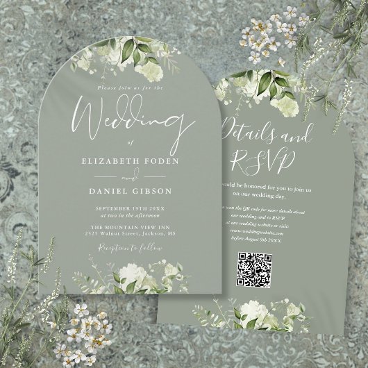 Invitation Arc de mariage à code QR floral vert sauge