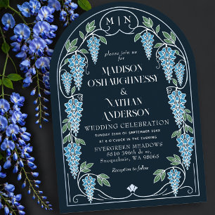 Invitation Arc de mariage Art Nouveau argenté Wisteria bleue