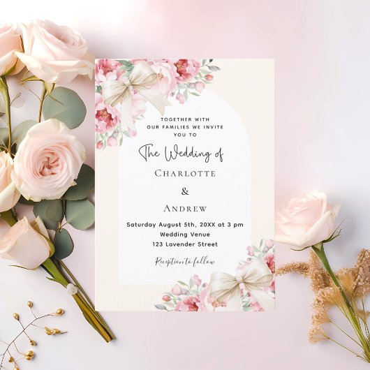 Invitation Arc de mariage beige crème fleuris rose