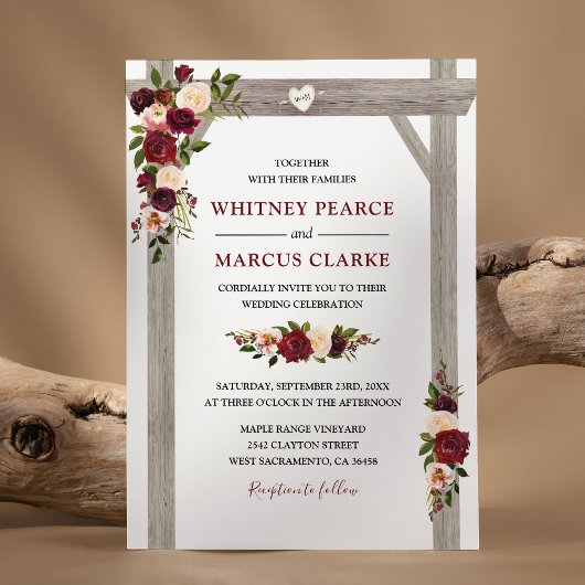 Invitation Arc de mariage bohème floral rustique bordeaux