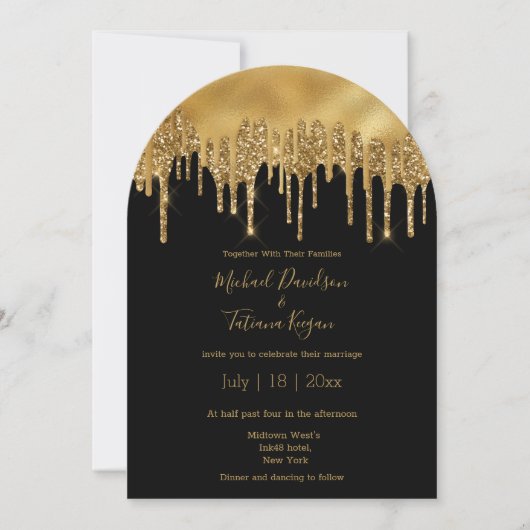 Invitation arc de mariage moderne luxe noir or scintillant (Devant)