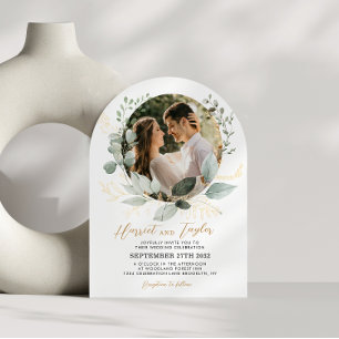 Invitation Arc de mariage photo d'eucalyptus de verdure dorée