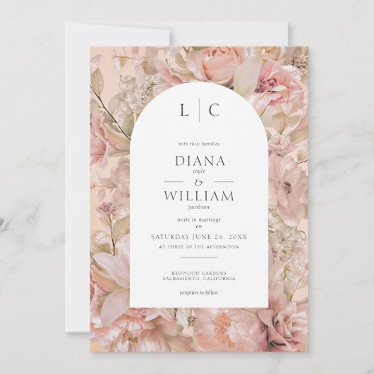 Invitation Arc de monogramme floral rose romantique (Devant)