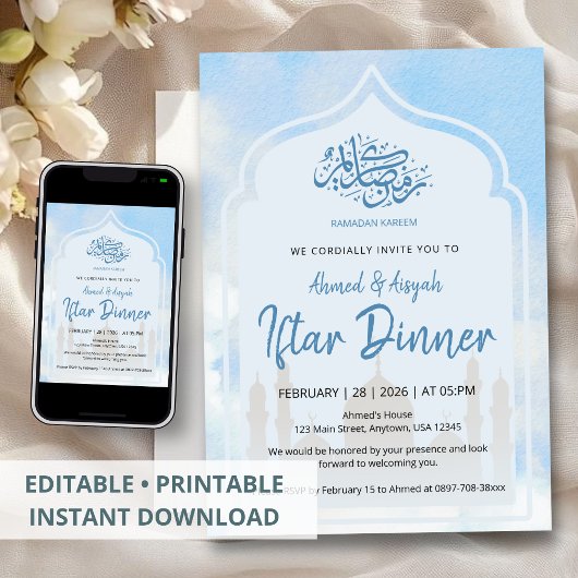 Invitation Arc de mosquée Iftar à l'aquarelle bleue paisible