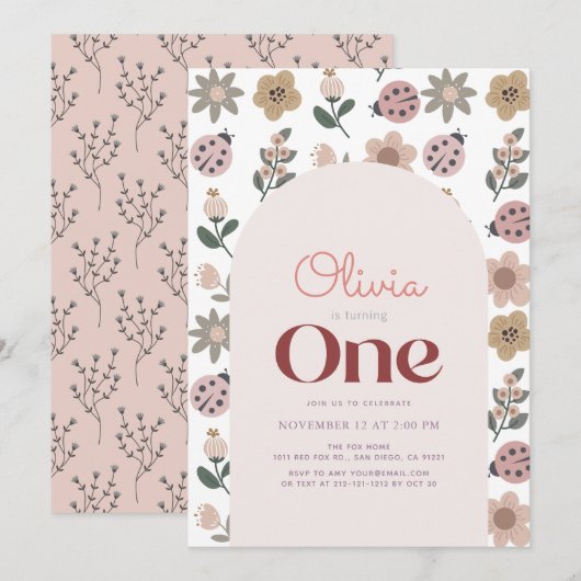 Invitation Arc de Motif Ladybug et Flower 1er anniversaire (Devant / Derrière)