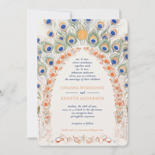 Invitation Arc de paon coloré | Mariage de monogramme (Devant)