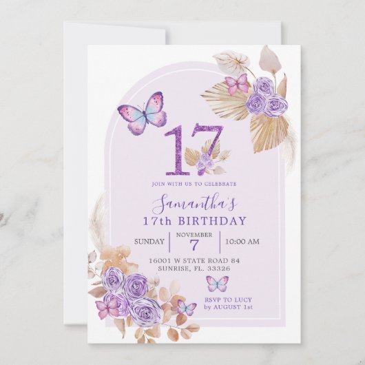Invitation Arc de papillon violet Boho 17e anniversaire (Devant)