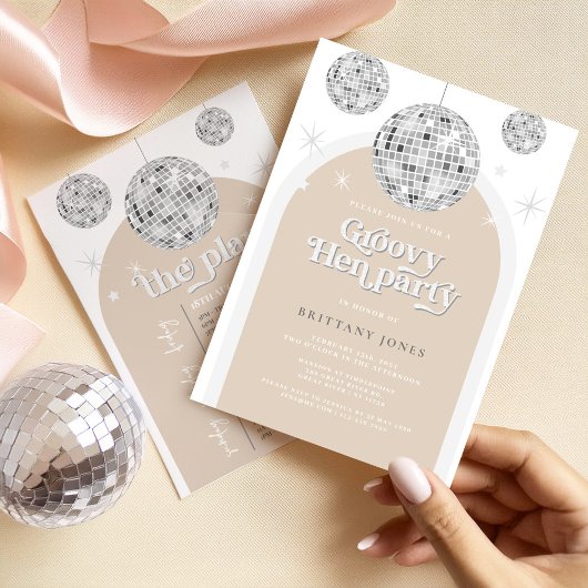 Invitation Arc de Parties scintillant Disco Argent Retro Hen