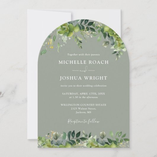 Invitation Arc de verdure Flore Sage vert QR Code Mariage (Devant)