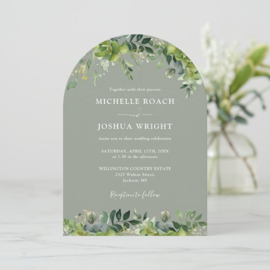 Invitation Arc de verdure Flore Sage vert QR Code Mariage (Debout devant)