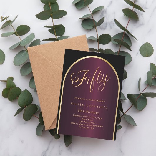Invitation Arc d'or bordeaux noir luxe 50e anniversaire