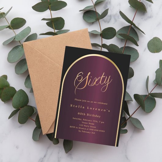 Invitation Arc d'or bordeaux noir luxe 60e anniversaire