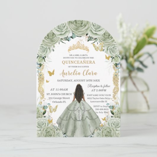 Invitation Arc d'or floral quinceañera 15 XV Sage Vert (Debout devant)