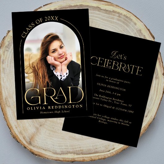 Invitation Arc d'or Noir moderne Partie de graduation photo