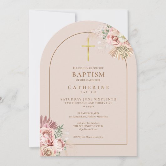 Invitation Arc d'or Pampas Grass Floral Girl Baptême (Devant)