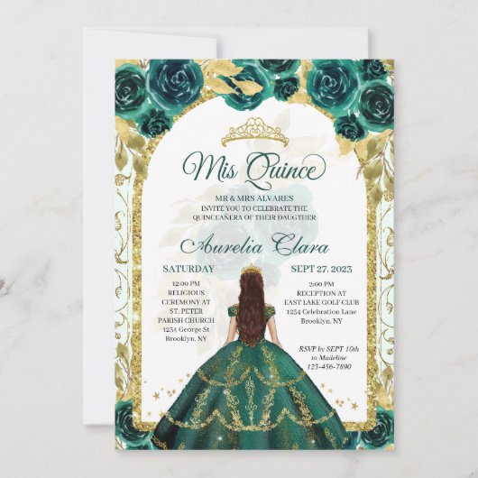 Invitation Arc d'or Princess Floral Vert Quinceanera (Devant)