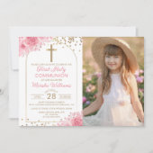 Invitation Arc d'or rose Floral Première Sainte Communion Pho (Devant)