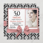 Invitation Arc d'or rose noir damask 50e photo d'anniversaire (Devant / Derrière)