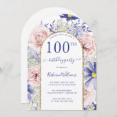 Invitation Arc d'or rose violet fleuri 100e fête d'anniversai (Devant / Derrière)