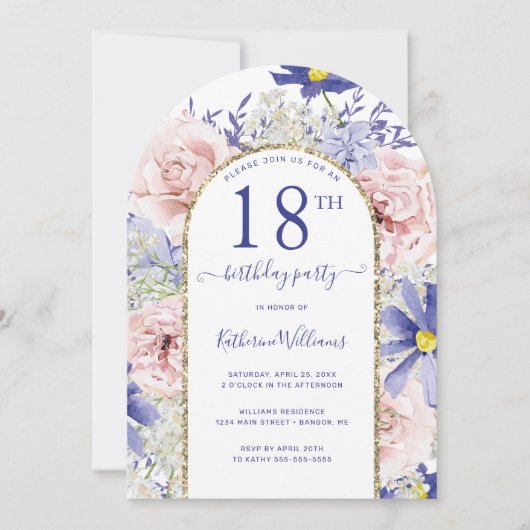 Invitation Arc d'or rose violet fleuri 18e anniversaire (Devant)