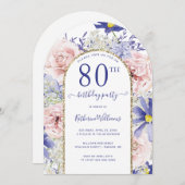 Invitation Arc d'or rose violet fleuri 80e anniversaire (Devant / Derrière)