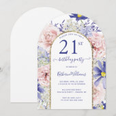 Invitation Arc d'or rose violet floral 21e fête d'anniversair (Devant / Derrière)