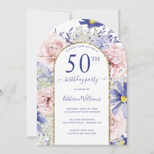 Invitation Arc d'or rose violet floral 50e anniversaire (Devant)