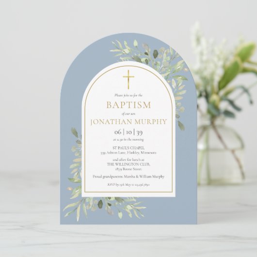 Invitation Arc d'or vert Dusty Blue Boy Baptême (Debout devant)