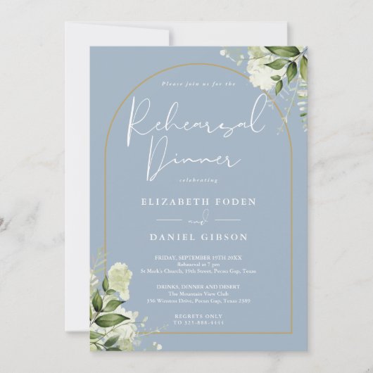 Invitation Arc d'or vert Dusty Blue Rehearsal Dîner (Devant)