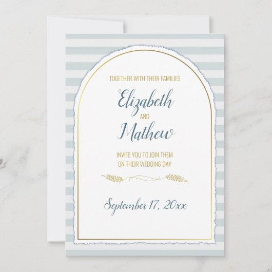 Invitation Arc doré Boho Script Rayure Bleue Nautique (Devant)