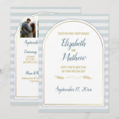 Invitation Arc doré Boho Script Rayure Bleue Nautique (Devant / Derrière)
