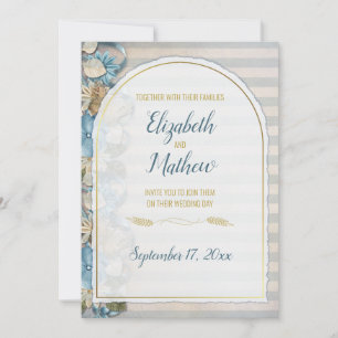 Invitation Arc doré Boho Script Rayure de chinoiserie bleue