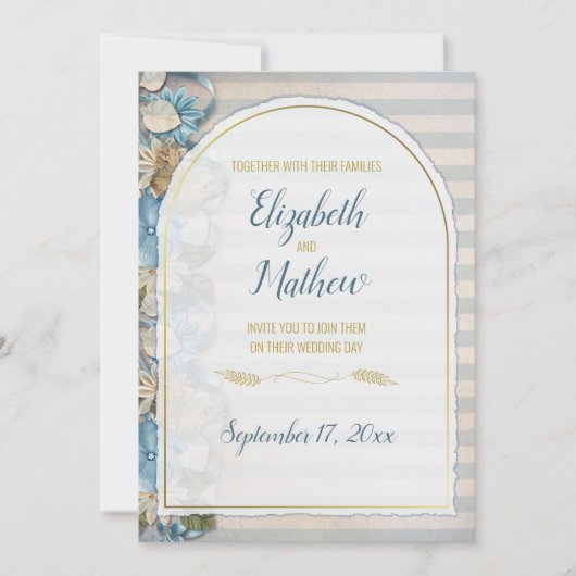 Invitation Arc doré Boho Script Rayure de chinoiserie bleue (Devant)