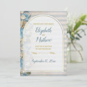 Invitation Arc doré Boho Script Rayure de chinoiserie bleue (Debout devant)
