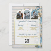 Invitation Arc doré Boho Script Rayure de chinoiserie bleue (Dos)