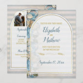 Invitation Arc doré Boho Script Rayure de chinoiserie bleue (Devant / Derrière)