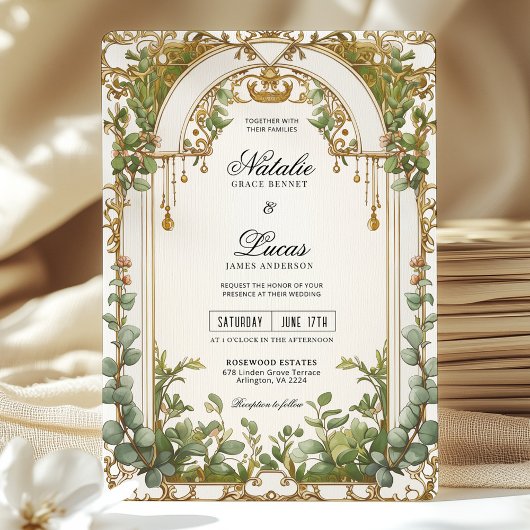 Invitation Arc doré Eucalyptus Mariage doré