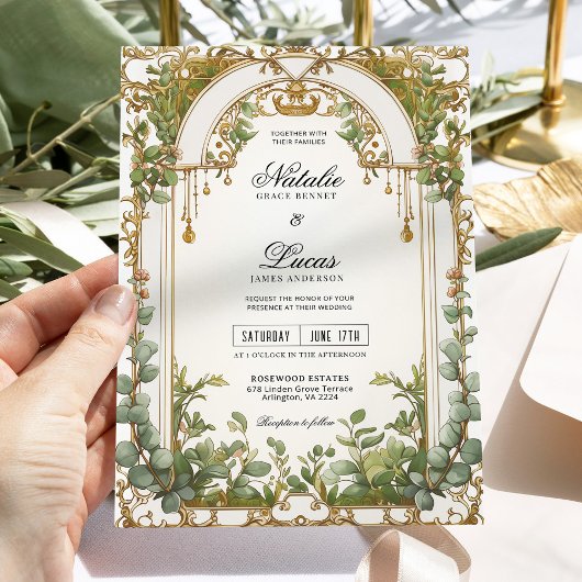 Invitation Arc doré Eucalyptus Mariage doré