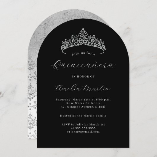 Invitation Arc Elegant Argent Noir Tiara Quinceanera (Devant / Derrière)