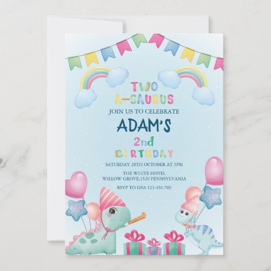 Invitation Arc en arc-en-ciel 2e anniversaire Dinosaure bleu (Devant)